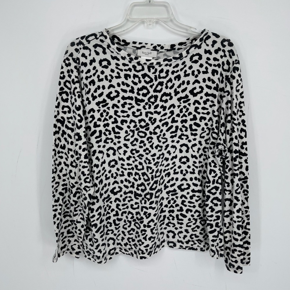 Kate Hill Women's White Leopard Animal Print Stretch Long Sleeve Top Size 1X